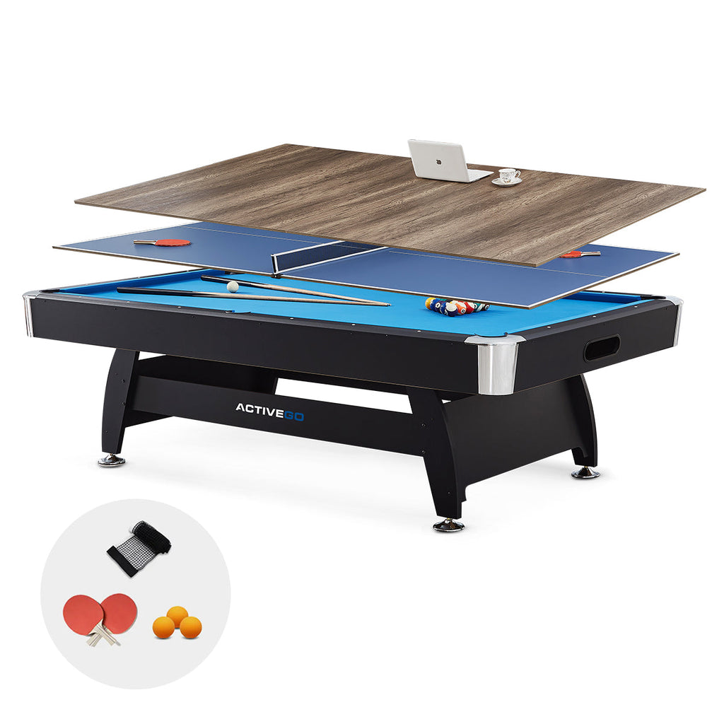 ActiveGo BreakShot 8ft High Speed Velvet Cloth Pool and Billiards Table with Ball Return, Solid Legs, 3-IN-1 Top for Table Tennis, full table Table Tennis and Pool  Pool Cues, Balls and Accessories Included
